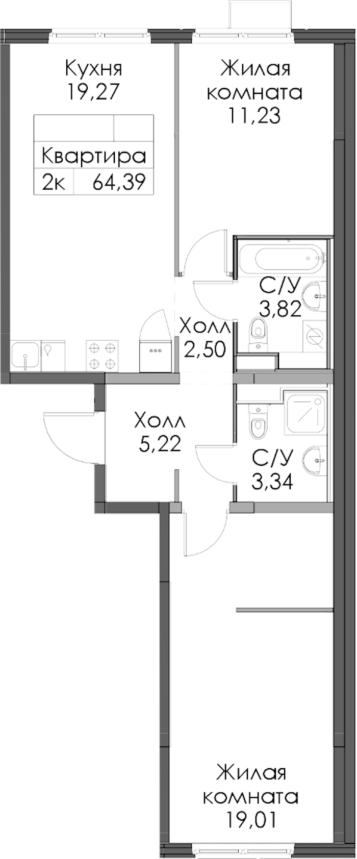 2-комнатная квартира 64.39 м², 9/12 эт., ЖК «Таллинский парк»